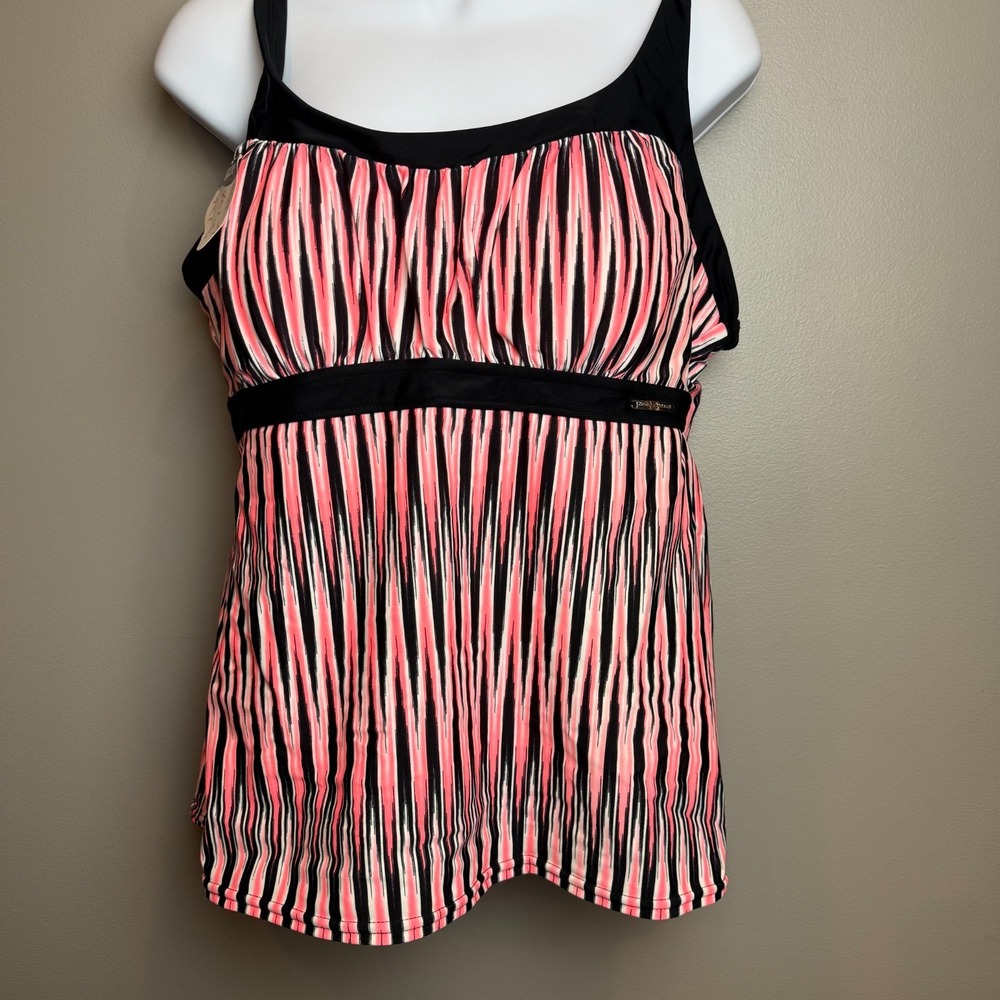 NWT ZeroXposur Starfish Tankini Top Size 16 Pink Black Striped Swim Top UPF 30+